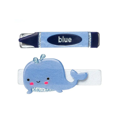 Whale Crayon Blue Hair Clips