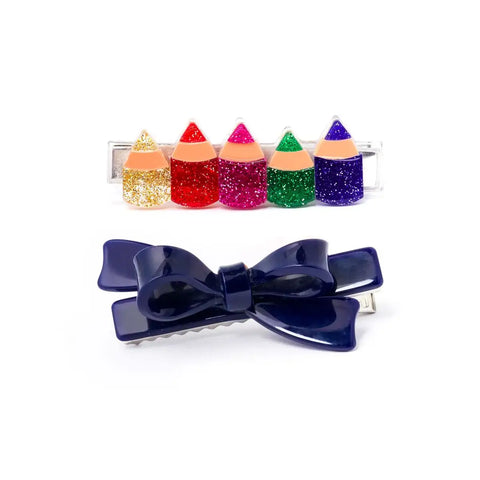 Pencils Chic Glitter Navy Bow Hair Clips