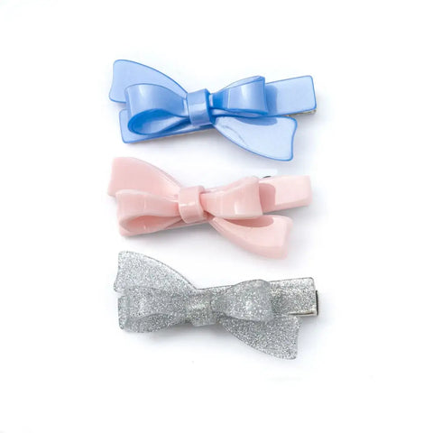 Bows Hair Clips Set (Blue, Pink, Silver)