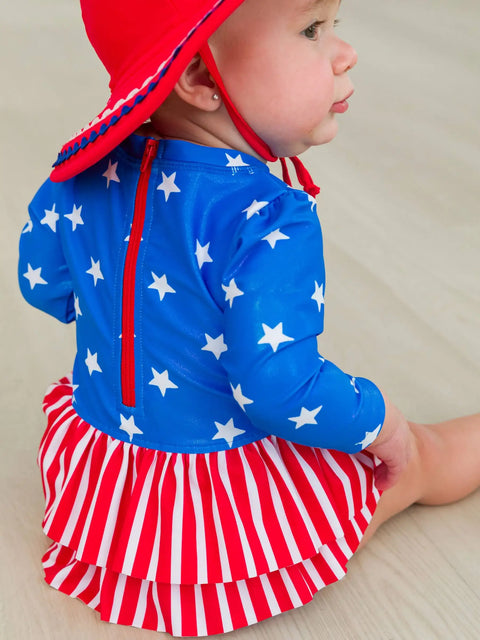 Long Sleeve Skirted One Piece Rash Guard Swimsuit - Shimmer Stars & Stripes