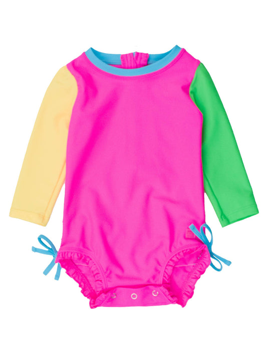 Neon Color Block One Piece Rash Guard - RuffleButts + RuggedButts