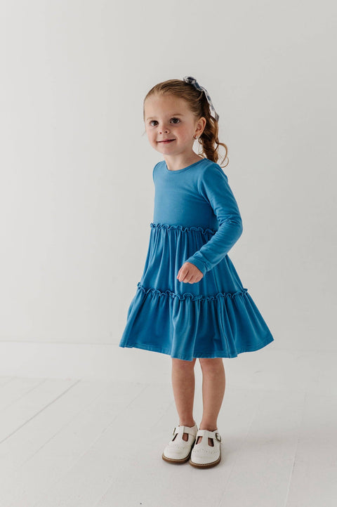 Girls Long Sleeve Double Tiered Dress in Stonewash