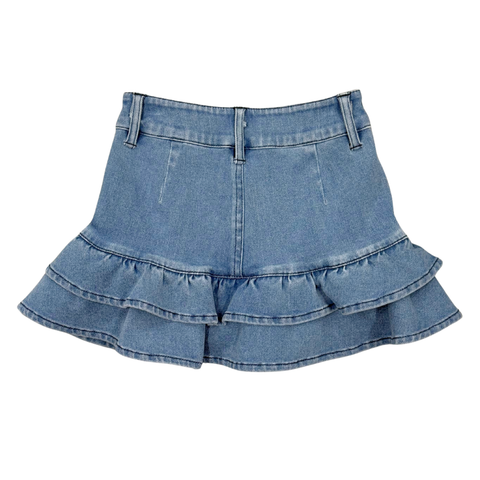Girls Double Tiered Denim Skirt in Mid Blue Wash
