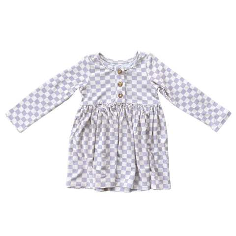 Long Sleeve Henley Dress - Lavender Checkered