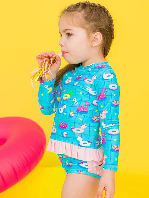 Long Sleeve Rash Guard 2-Piece Swimsuit - Neon Pool Party