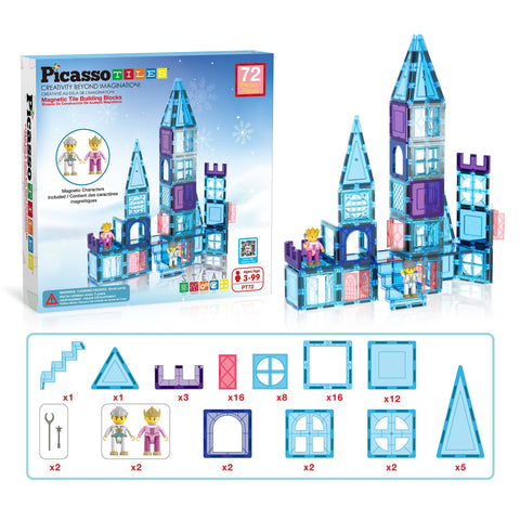 PicassoTiles Winter Ice Castle Magnetic Building Tile Set (72 Pieces)