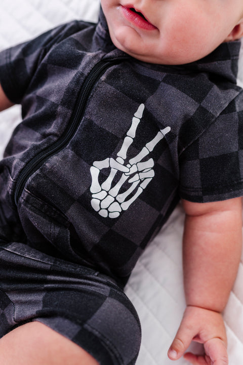 Distressed Checker Skeleton Hooded Romper for Babies