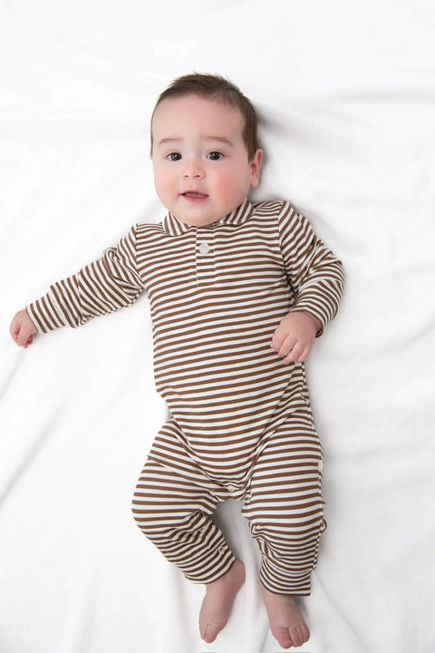 Chocolate Stripe Bamboo Long Sleeve Polo Romper