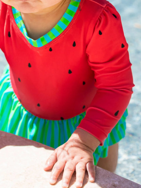 Long Sleeve Skirted One Piece Rash Guard Swimsuit - Watermelon
