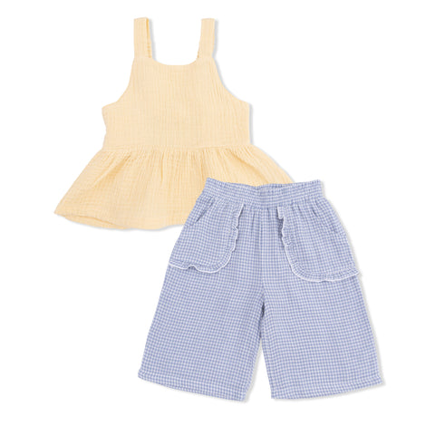 Peplum Tank with Wide Leg Pant - Micro Gingham Blue Blizzard