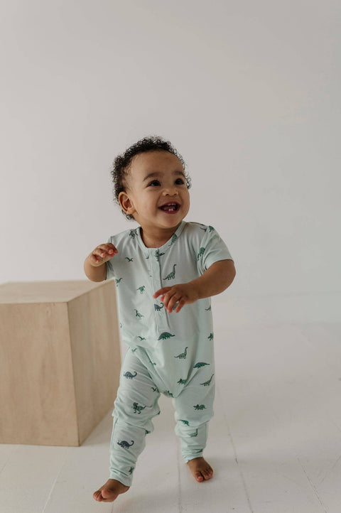 Short Sleeve Henley Romper in Dinosaur
