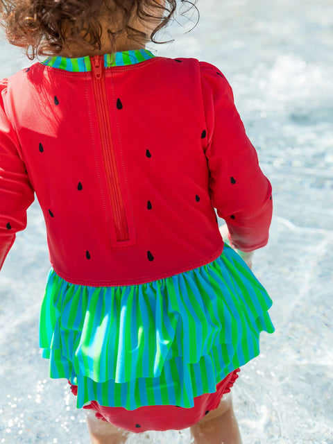 Long Sleeve Skirted One Piece Rash Guard Swimsuit - Watermelon