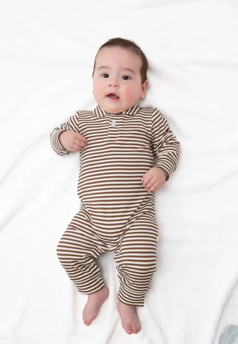 Chocolate Stripe Bamboo Long Sleeve Polo Romper