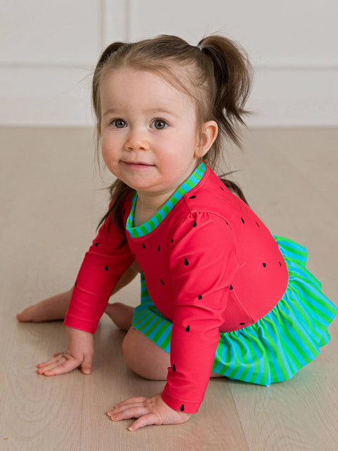 Long Sleeve Skirted One Piece Rash Guard Swimsuit - Watermelon