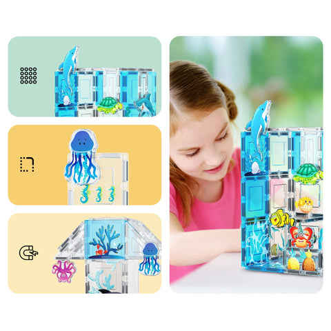 PicassoTiles Ocean Theme Magnetic Tile Building Set (52 Pieces)