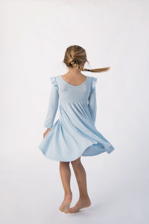 Girls Long Sleeve Bamboo Flutter Dress - Baby Blue