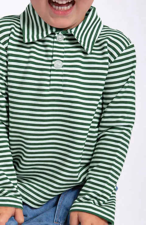 Green Stripe Bamboo Long Sleeve Polo Shirt