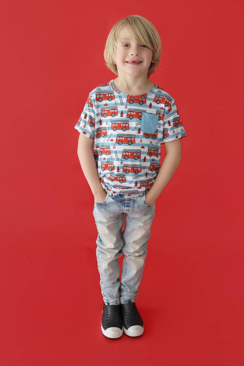 Kids Bamboo Pocket Tee - Firetruck Frenzy