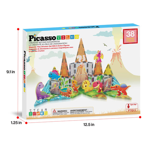 PicassoTiles Dinosaur Theme Magnetic Tile Building Set (38 Pieces)