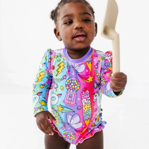 Cosmic Candyland Long Sleeve Ruffle Swimsuit