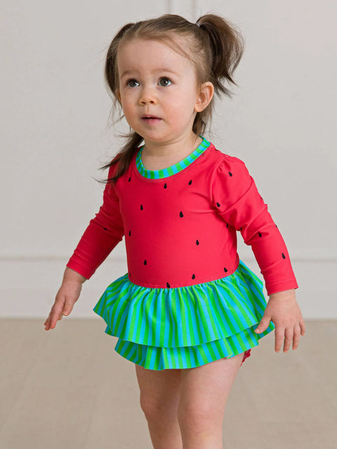 Long Sleeve Skirted One Piece Rash Guard Swimsuit - Watermelon