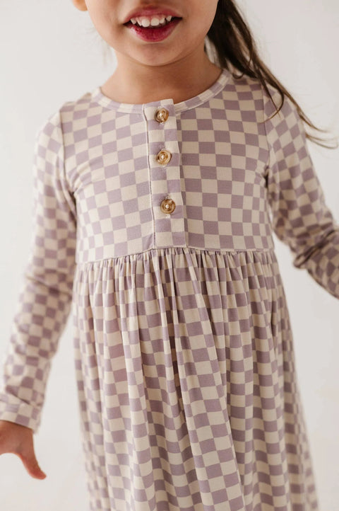 Long Sleeve Henley Dress - Lavender Checkered