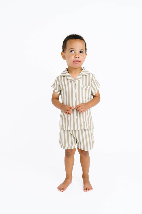 Olive Stripe Bamboo Button Up Short Set