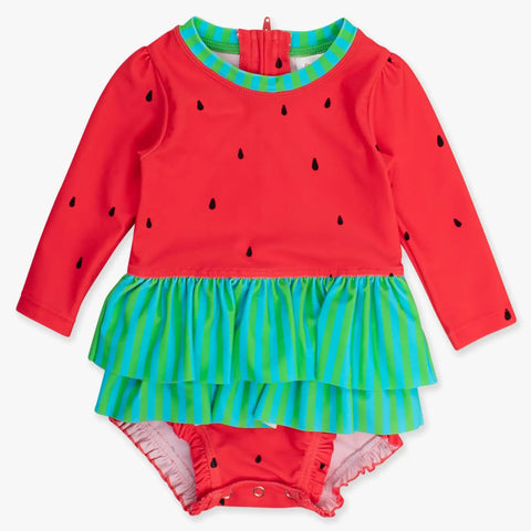 Long Sleeve Skirted One Piece Rash Guard Swimsuit - Watermelon