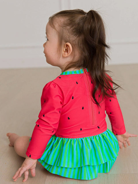 Long Sleeve Skirted One Piece Rash Guard Swimsuit - Watermelon