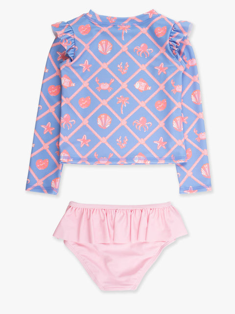 Girls Long Sleeve Flutter Skirted 2-Piece Swimsuit - Tropical Trellis
