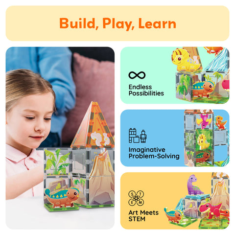 PicassoTiles Dinosaur Theme Magnetic Tile Building Set (38 Pieces)