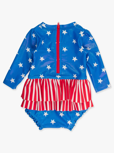 Long Sleeve Skirted One Piece Rash Guard Swimsuit - Shimmer Stars & Stripes
