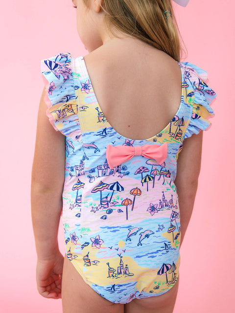 Girls Waterfall One Piece Swimsuit - Beach Day