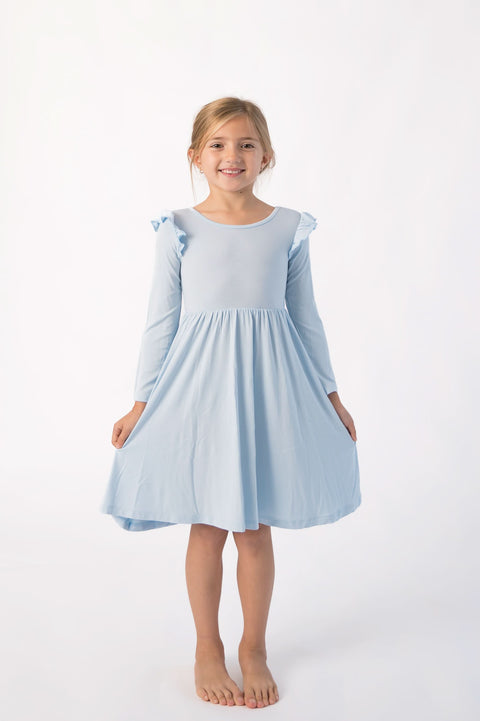 Girls Long Sleeve Bamboo Flutter Dress - Baby Blue