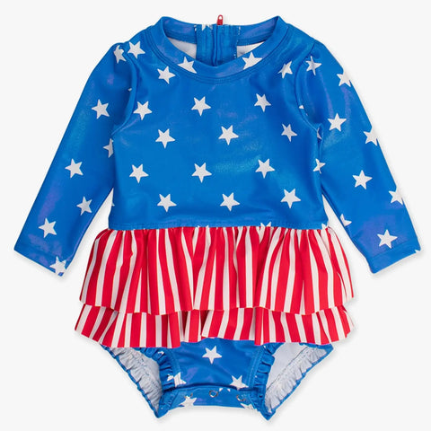 Long Sleeve Skirted One Piece Rash Guard Swimsuit - Shimmer Stars & Stripes