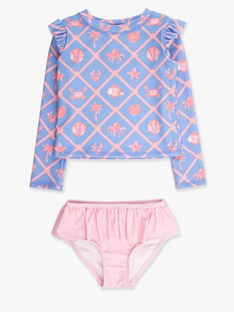 Girls Long Sleeve Flutter Skirted 2-Piece Swimsuit - Tropical Trellis