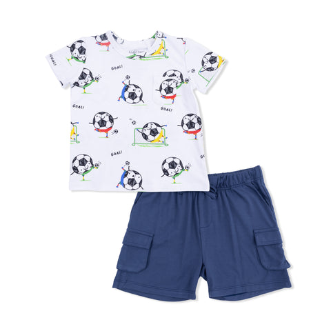 Crew Neck Tee with Cargo Short - Soccer Balls Playing Soccer Blue