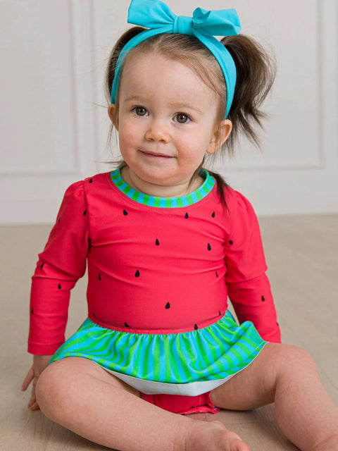 Long Sleeve Skirted One Piece Rash Guard Swimsuit - Watermelon