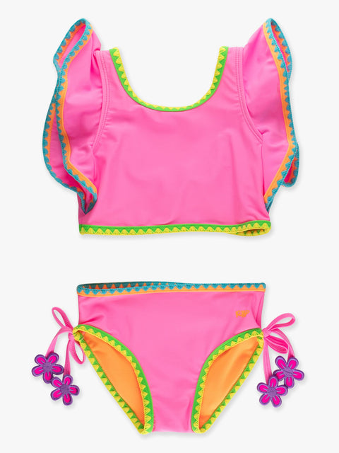 Girls Butterfly Tankini Swimsuit - Neon Pink Crochet Detail