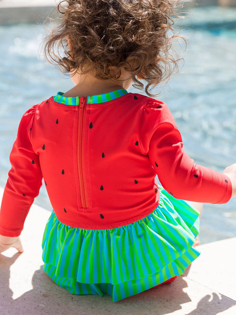 Long Sleeve Skirted One Piece Rash Guard Swimsuit - Watermelon