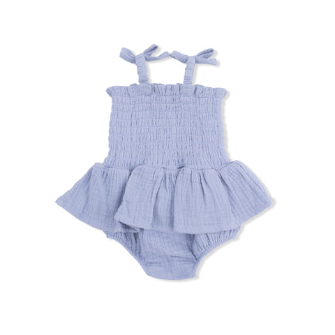 Smocked Bubble with Skirt - Solid Muslin Blue Blizzard