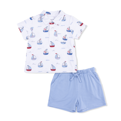 Polo with Casual Short - Blue Bubbly Sailboats