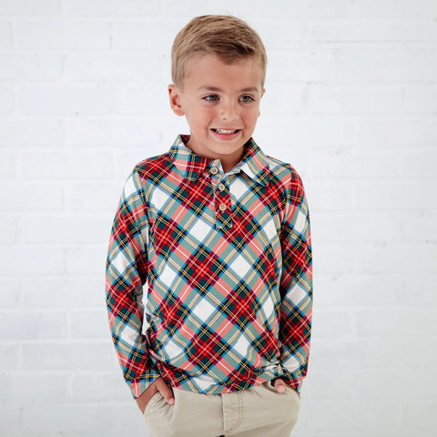 Long Sleeve Bamboo Polo - Holiday Plaid