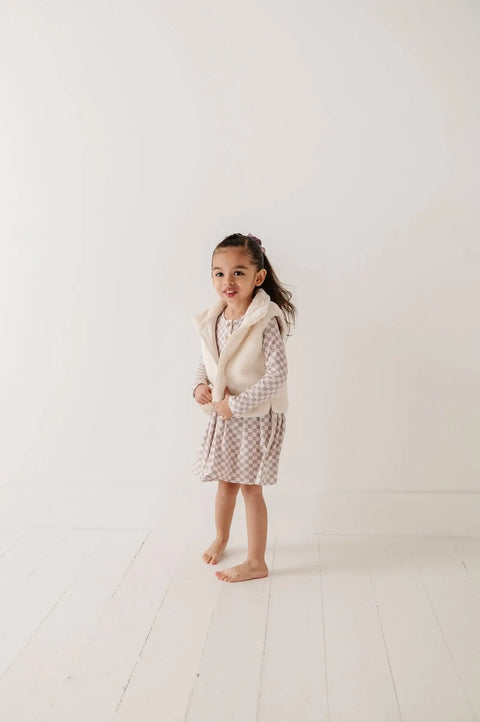 Long Sleeve Henley Dress - Lavender Checkered