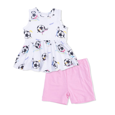 Peplum Tank Top and Bike Short - Soccer Balls Playing Soccer Pink