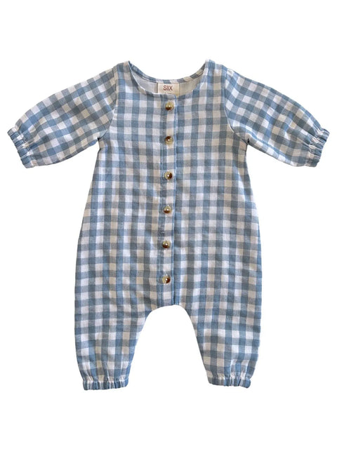 Organic Long Sleeve Bay Jumpsuit - Blue Gingham