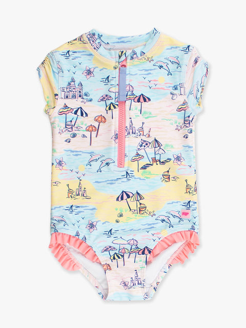 Girls Short Sleeve Half Zip Rash Guard One Piece Swimsuit - Beach Day