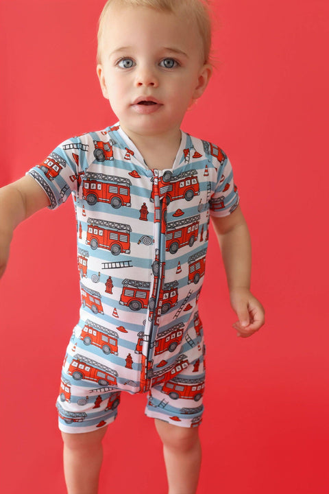 Baby Bamboo Shortie Romper - Firetruck Frenzy