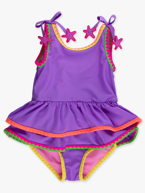 Girls Peplum One Piece Swimsuit - Neon Purple Crochet Detail