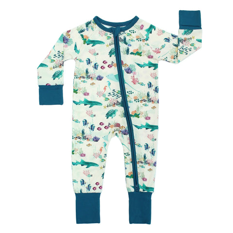 Emerson & Friends bamboo baby pajamas with a floral and ocean animal pattern in shades of blue and green.